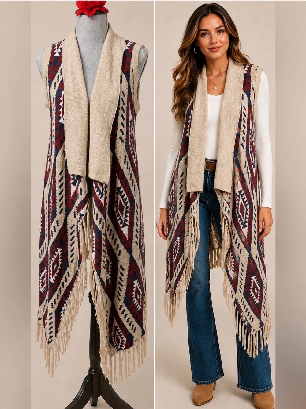 Almost Famous Aztec Fringe Open Front Sweater Vest Cardigan L Boho Southwestern